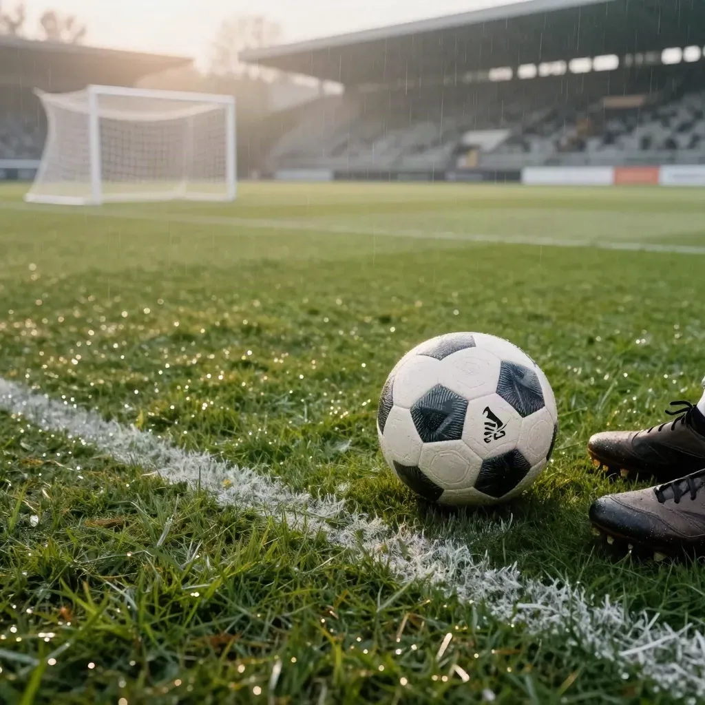 Bundesliga-Ball im Regen vor Tor, Netz und Stollenschuhen auf nassem Rasen