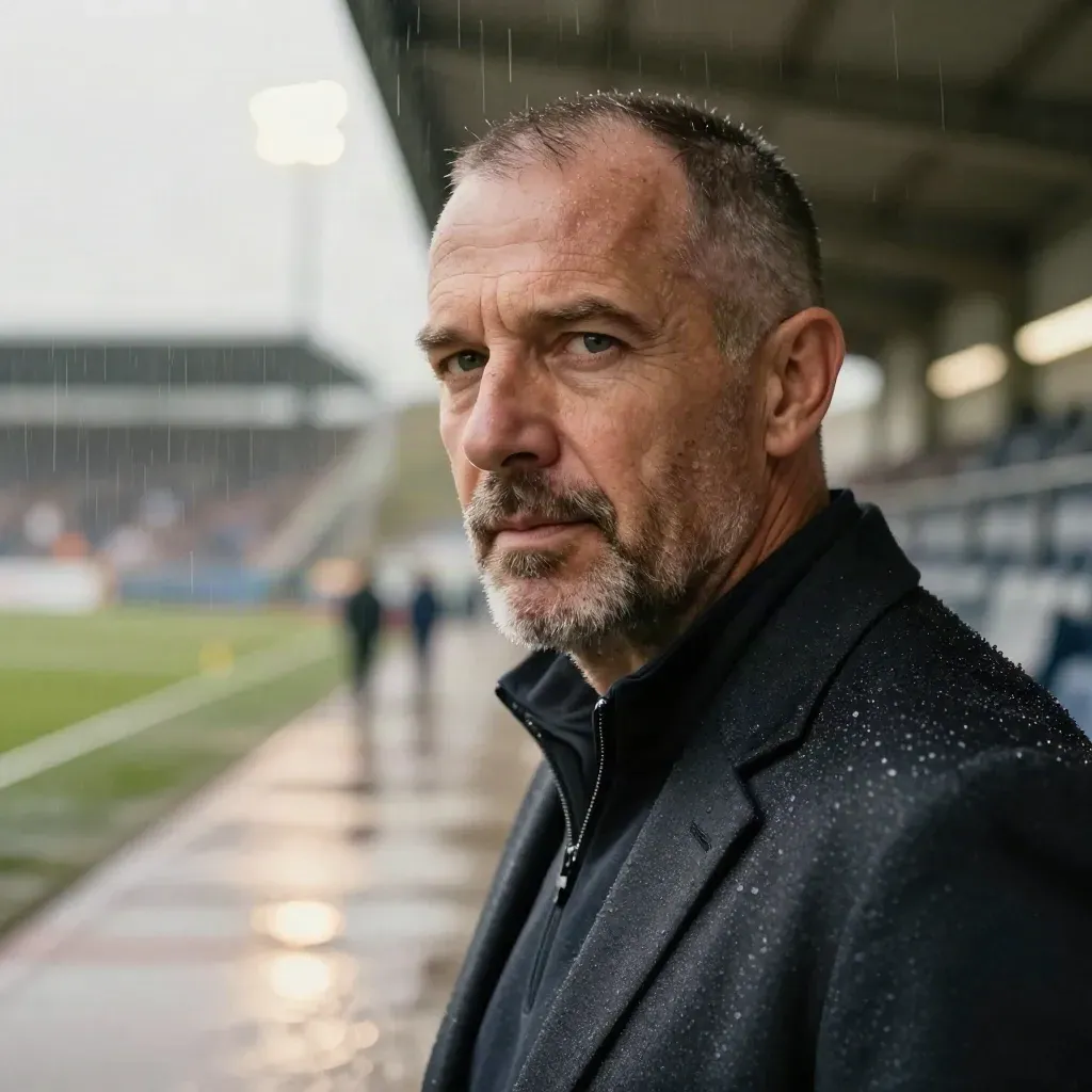 Coach im Regenhauch im Stadiontunnel, ernst und konzentriert nach dem Spiel.