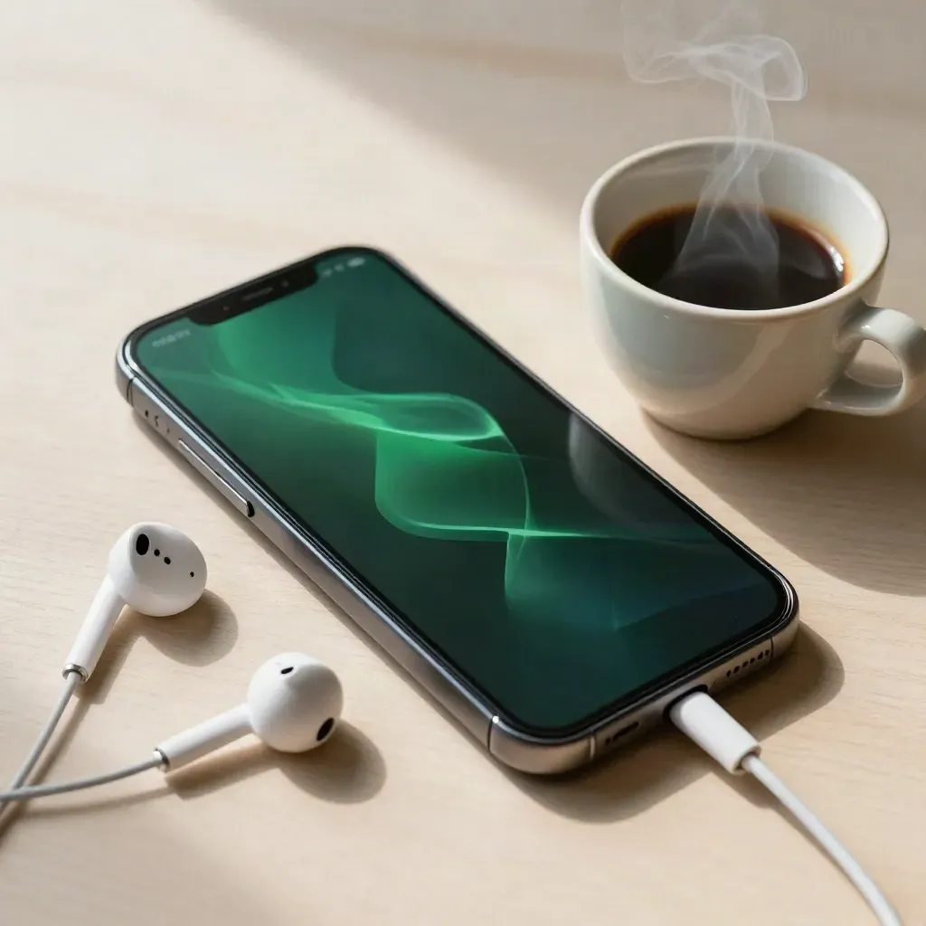 Smartphone mit Live-Glühen, Ohrhörern und dampfender Tasse auf hellem Holz.